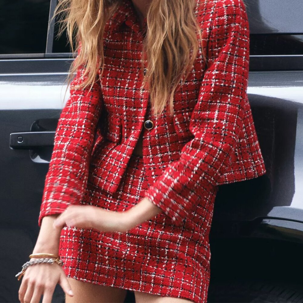Zara Textured Shoulder Pad Tweed Jacket Blazer Coord Set - Red/Black - S - NWT